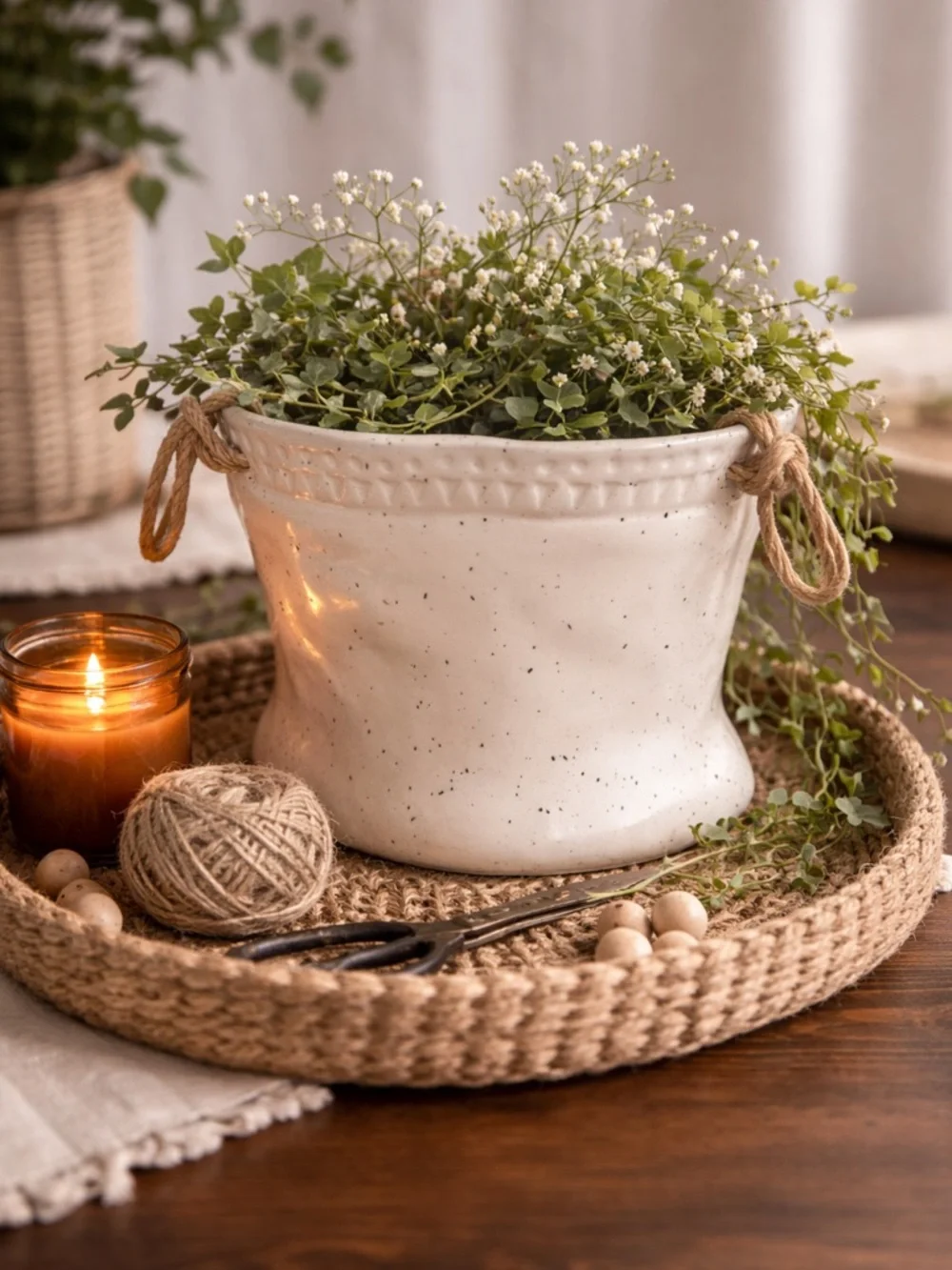 Creative Co Op Speckled Ceramic Planter‎ Pot Rustic Rope Detail Decorative